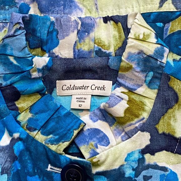 Coldwater Creek Cotton/Linen Blue Multi Abstract Floral Ruffle Neck Jacket Sz 12 - Picture 4 of 11